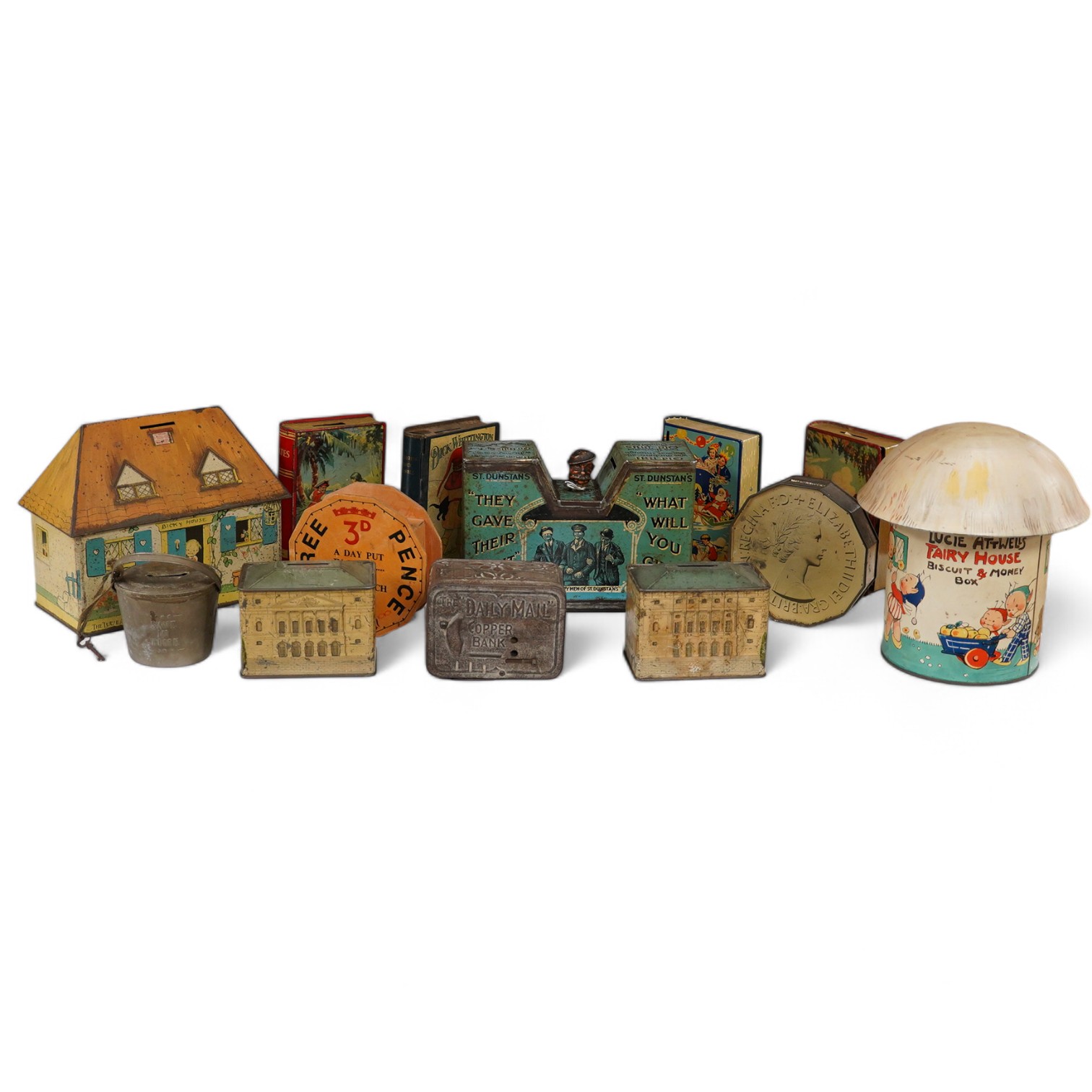 A quantity of various painted tin money boxes including Lucie Attwell Fairy House, The ‘Daily Mail’ copper bank, and four in the form of books, largest 20cm high. Condition - mostly fair